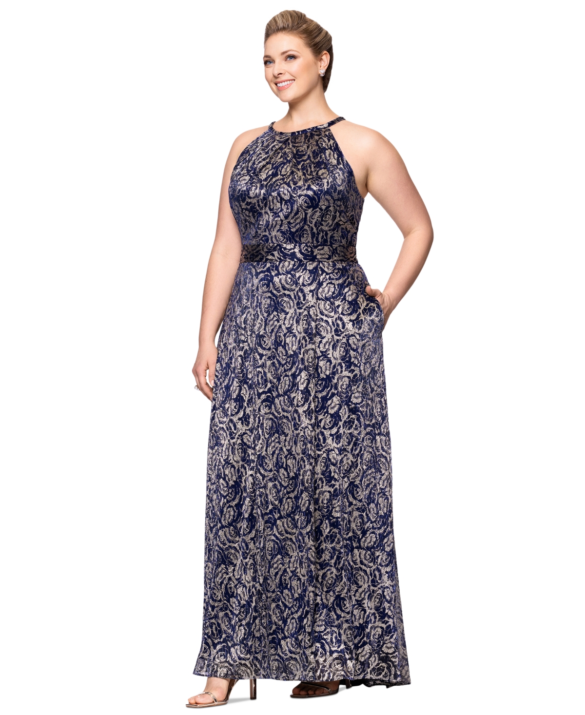 BETSY & ADAM PLUS SIZE METALLIC FLORAL PRINT SLEEVELESS GOWN 