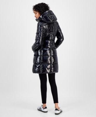 Women's Hooded Thumbhole-Cuff Shine Puffer Coat