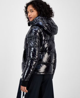 Women's Ella Hooded Thumbhole-Cuff Shine Puffer Coat