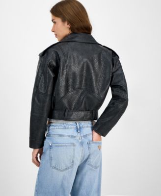 Juniors' Faux-Leather Belted Jacket