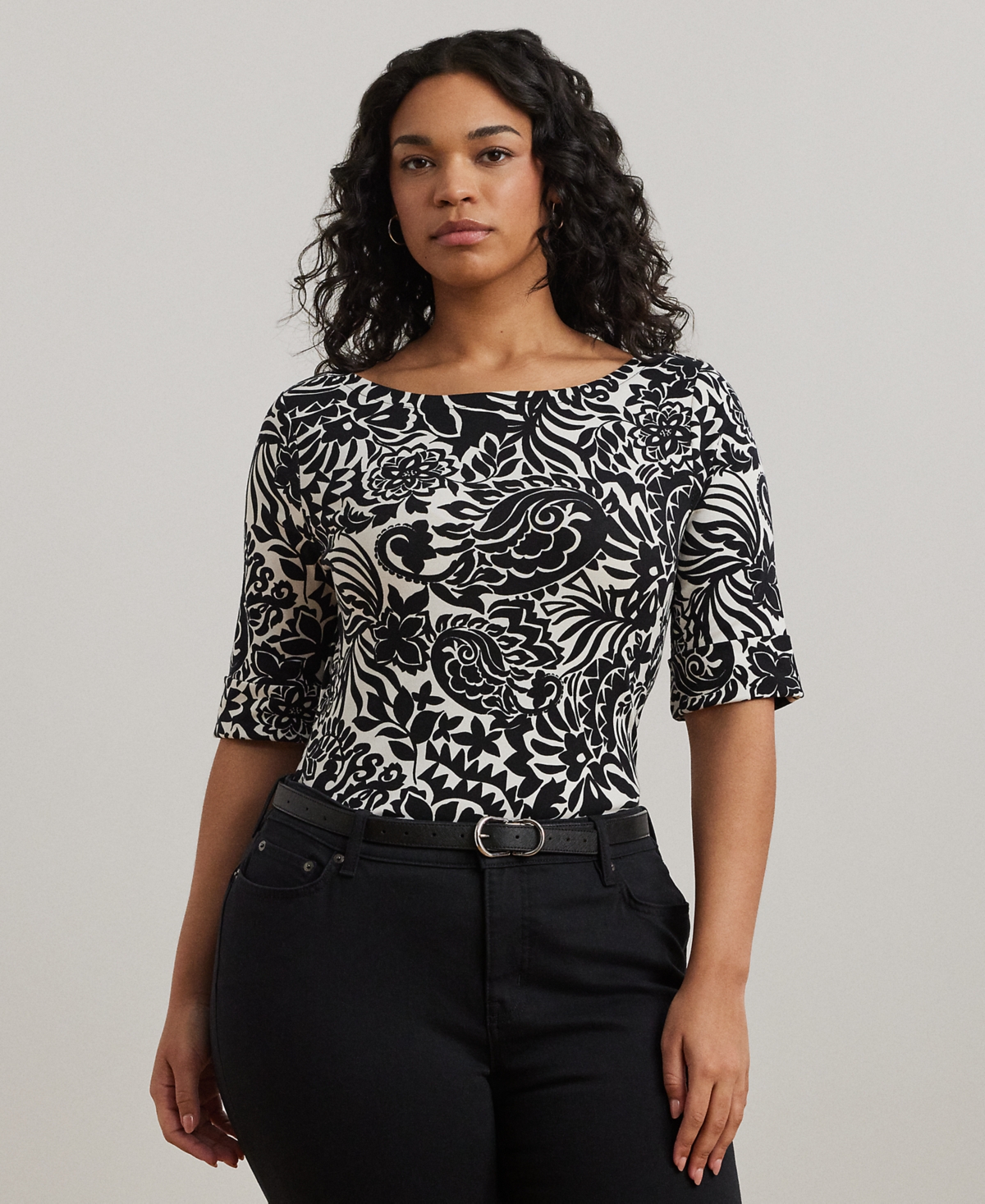 Ralph Lauren Plus Size Floral Stretch Cotton Crewneck Tee