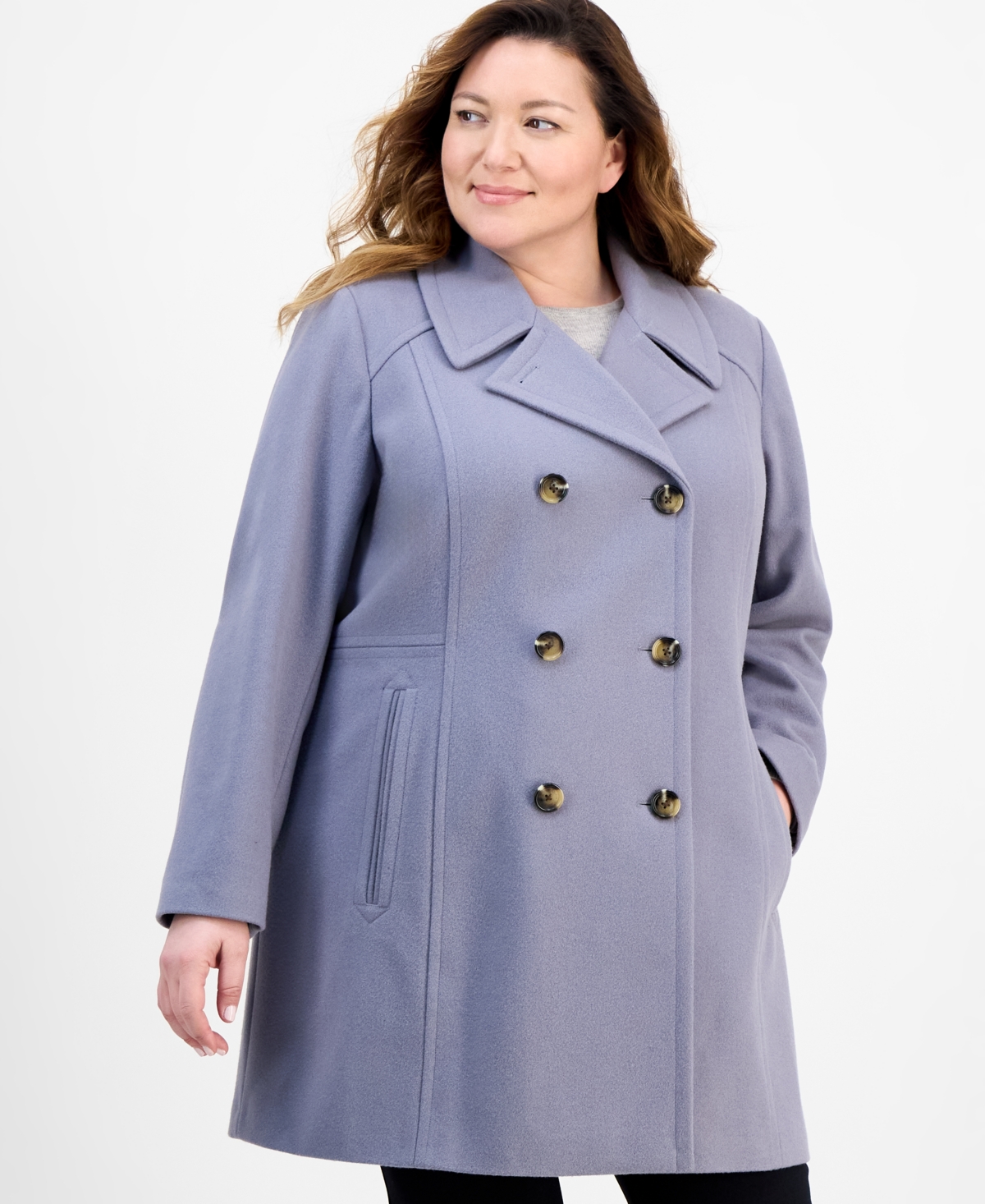 Anne Klein Plus Size Double-breasted Peacoat, Exclusively At Macy's In Purple
