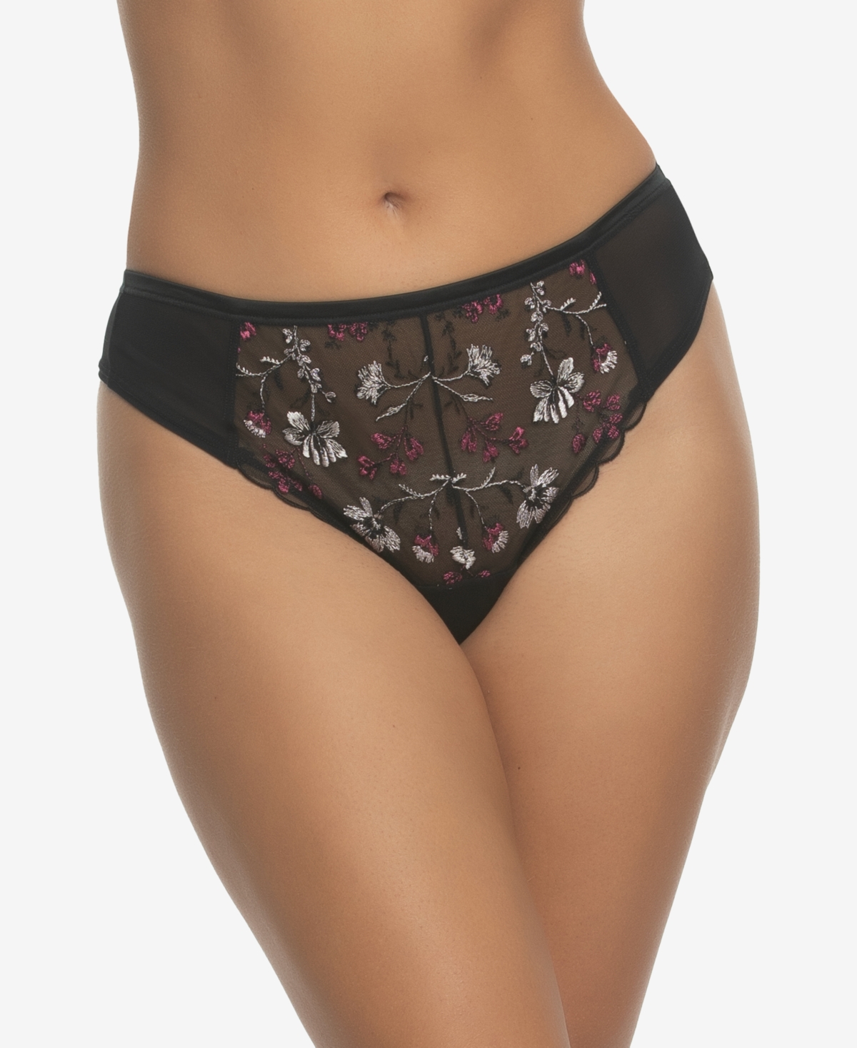 Women's Allure Embroidered Overlay Thong Panty - Midnight Rouge