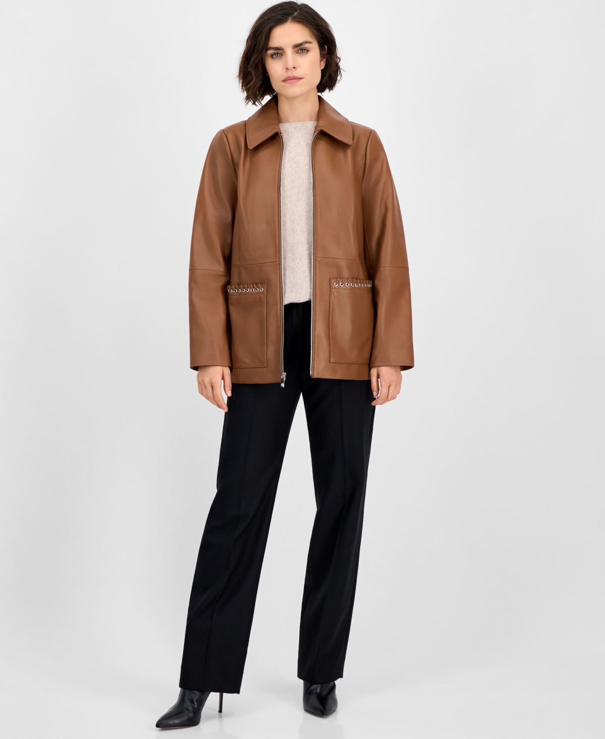 Anne Klein Women's Zip-front Leather Jacket In Brown