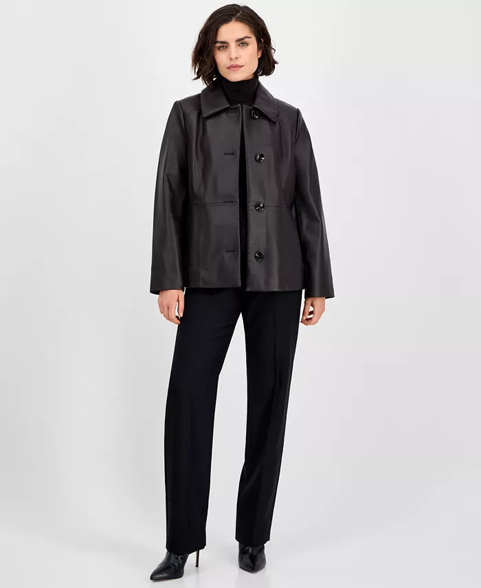 Women's Single-Breasted Leather Coat - thumbnail 3