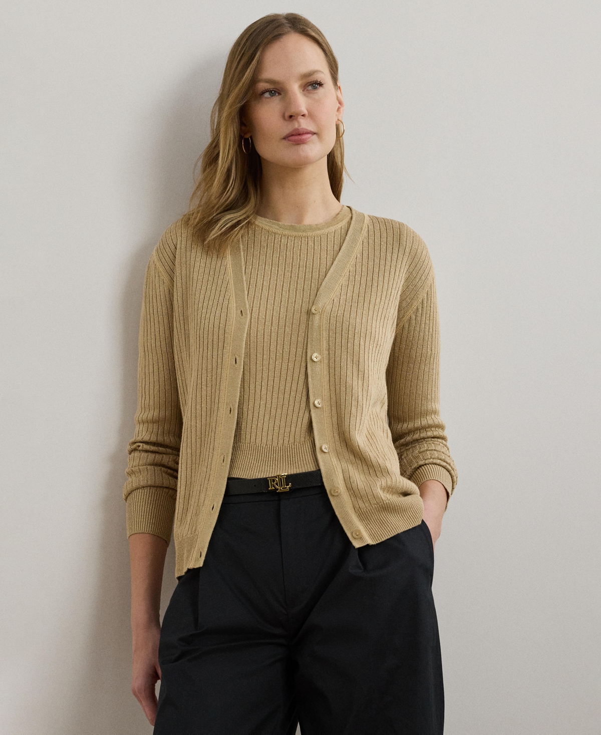 Ralph Lauren Women's Rib-knit Linen-blend V-neck Cardigan In Brown