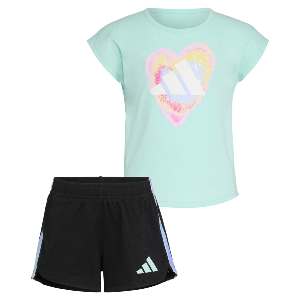 Adidas Originals Toddler And Little Girls 2-piece Short Sleeve Graphic T-shirt And Mesh Short Set In Light Aqua