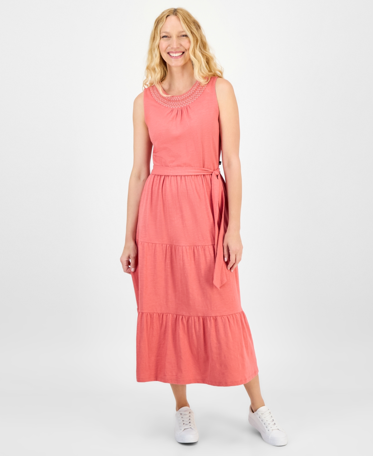 Women's Cotton Round-Neck Sleeveless Tiered Dress - Mineral Red
