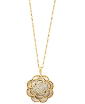 EFFY&reg; Mother of Pearl & Diamond (1/5 ct. t.w.) Flower Pendant Necklace in 14k Gold, 17" + 1" extender
