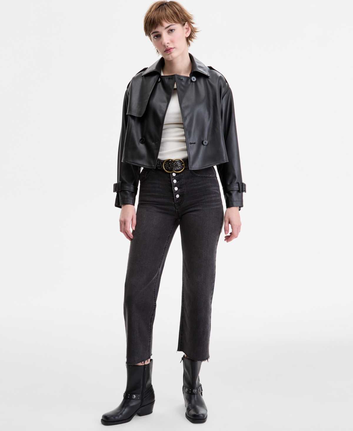 Juniors' Cropped Faux-Leather Belted Trench Coat - Black