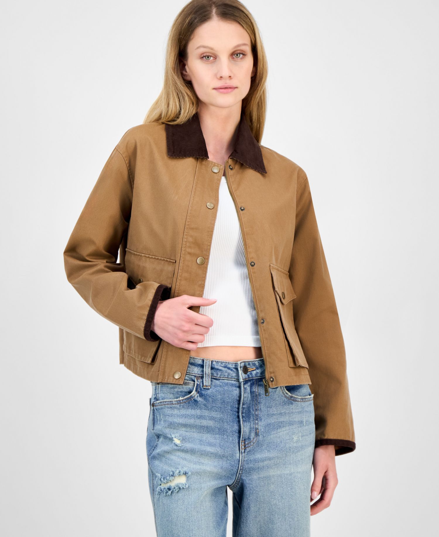 Juniors' Corduroy-Collar Barn Jacket