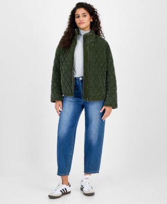 Juniors' Quilted Corduroy Zip-Front Coat