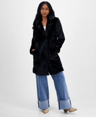 CoffeeShop - Juniors' Notched-Collar Faux-Fur Walker Coat