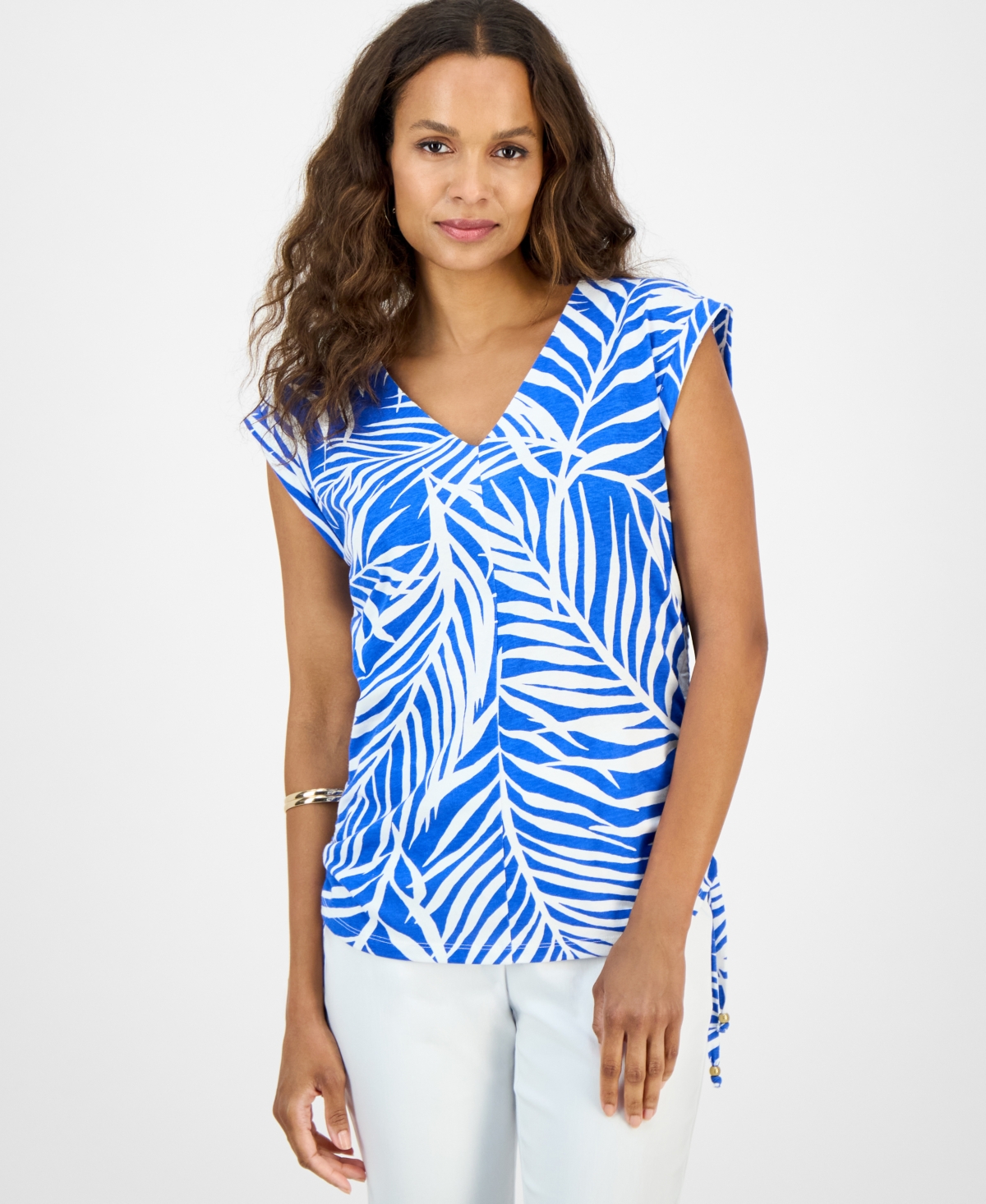 Petite Printed Cotton Blouse, Exclusively at Macy's - Ivy Palm Blue