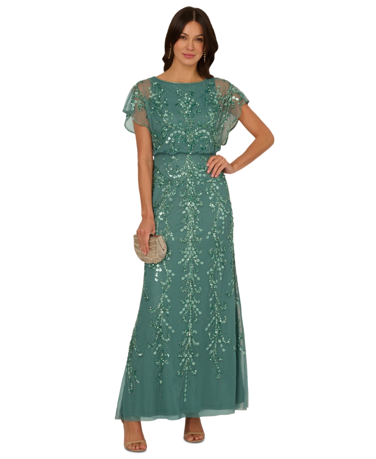 ADRIANNA PAPELL WOMEN'S BEADED BLOUSON-SLEEVE GOWN 