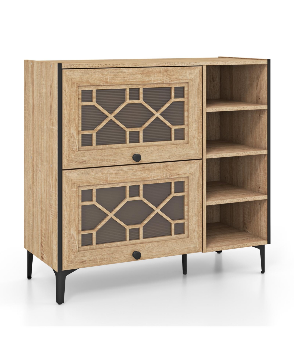 Farmhouse Style Shoe Cabinet &#x2013; Flip-Up See-Through Doors with Adjustable Shelves for Versatile Storage - Oak