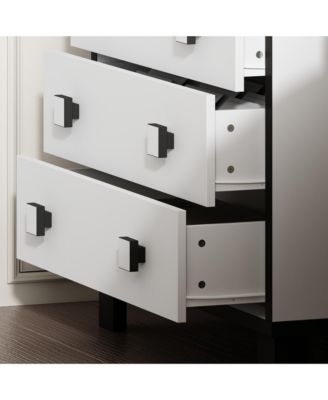 Bedside table with three drawers, side table with square handles, white wooden end table, suitable for bedrooms, living rooms, offices