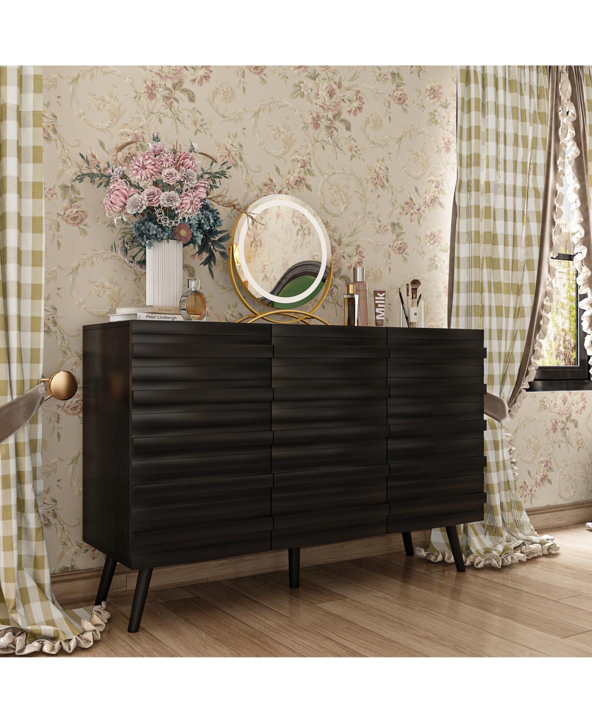 Nightstand with three cabinet doors, Side table with embossed pattern, wood end table, Bedside table for bedrooms, living rooms, offices