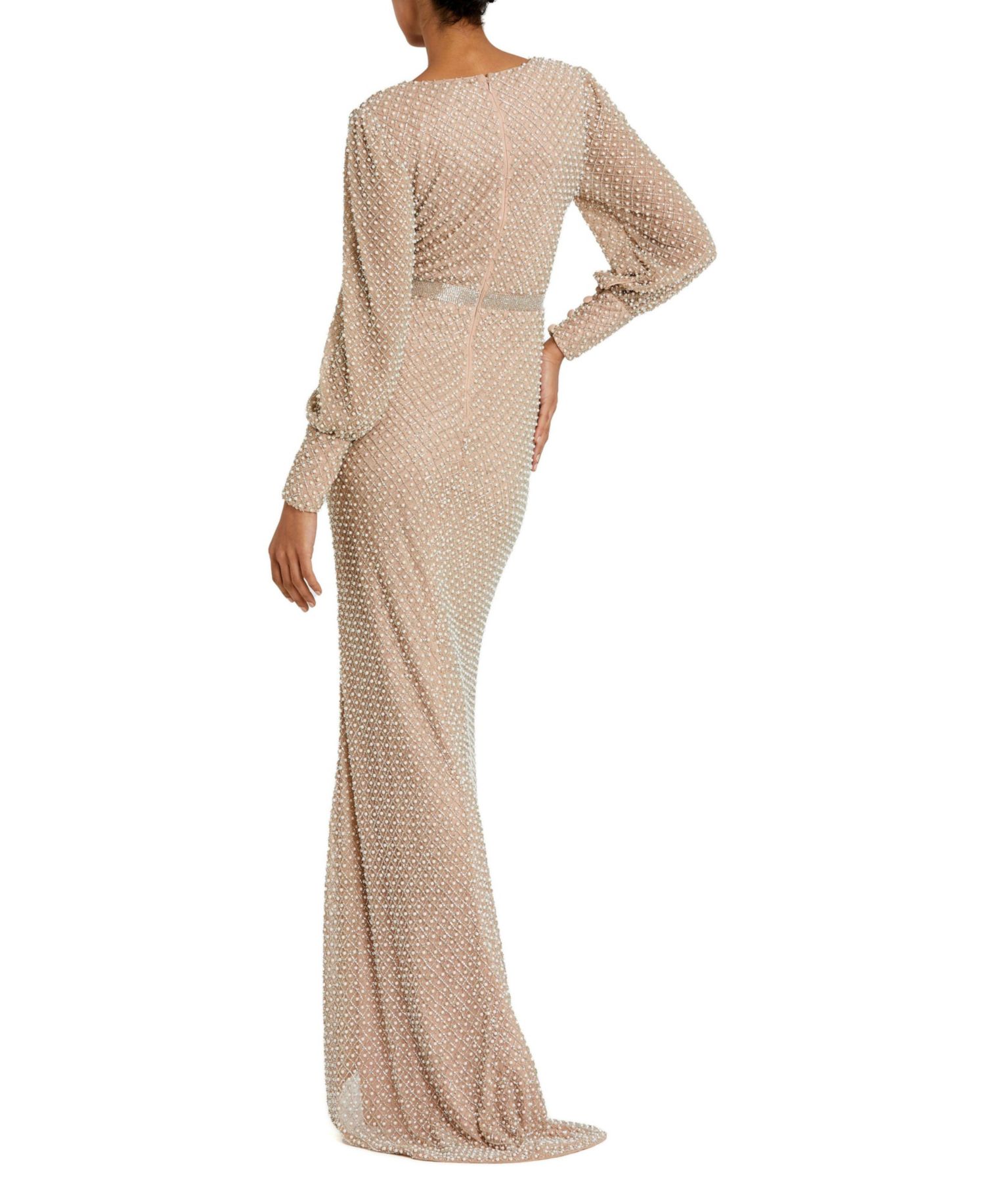 Women's Wrap Over Bishop Sleeve Gown With Pearl Beading