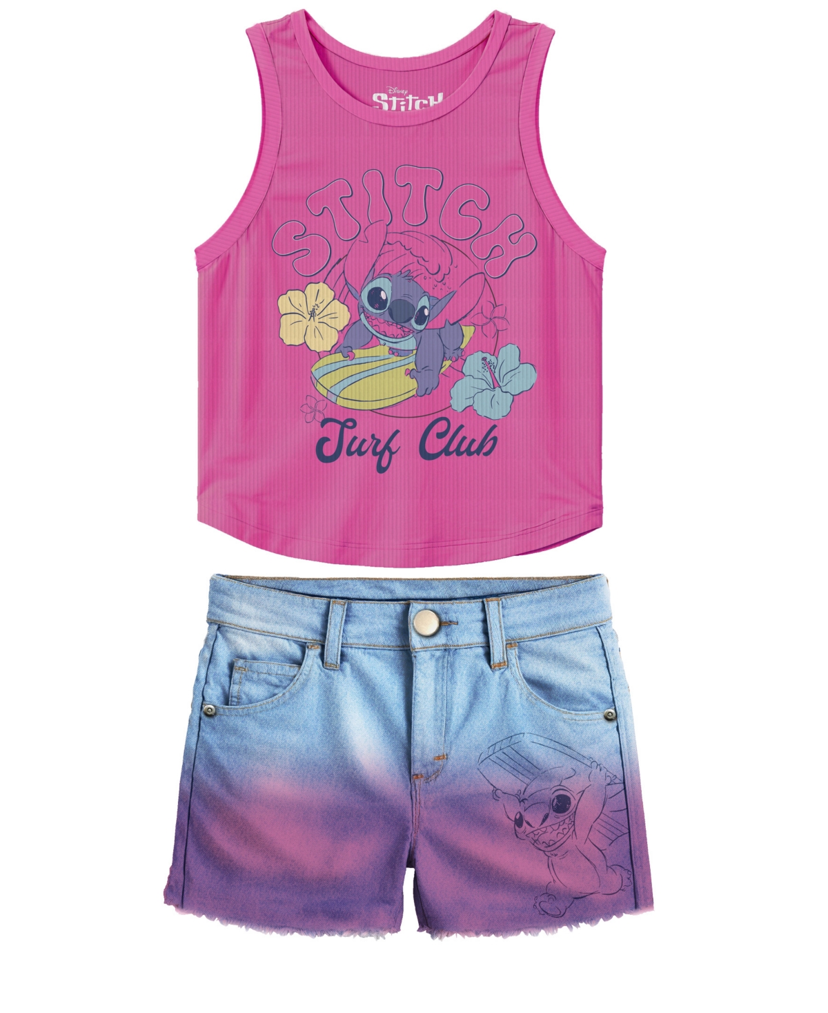 Disney Toddler And Little Girls 2-piece Stitch Surf Club Tank Top And Denim Shorts Set