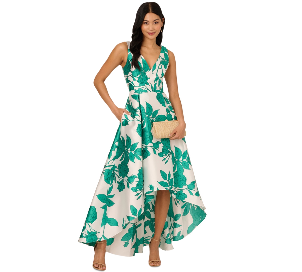 Women's High-Low Floral-Print Gown - Ivory/Green