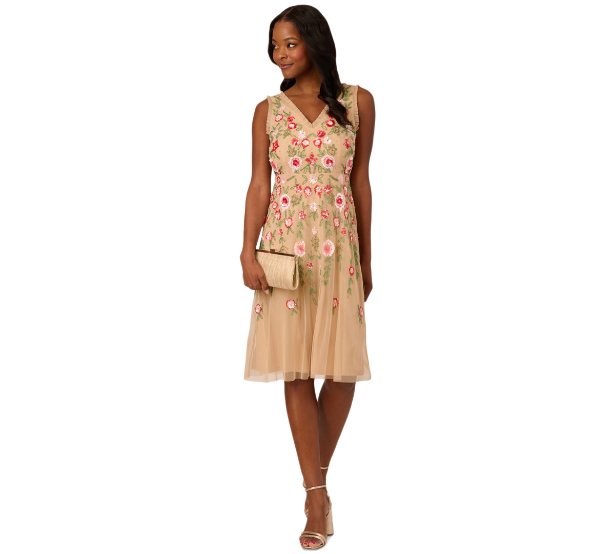 Adrianna Papell Women's Beaded-mesh Fringe-edge Dress