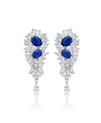 White Gold Plated with Blue Cubic Zirconia Cluster Dangle Earrings