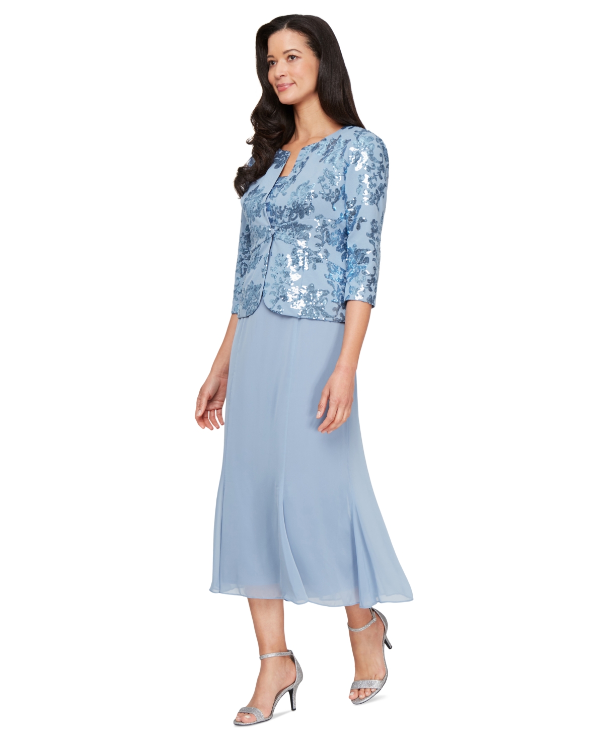 Women's Sequined Jacket & Chiffon Midi Dress - Dusty Blue