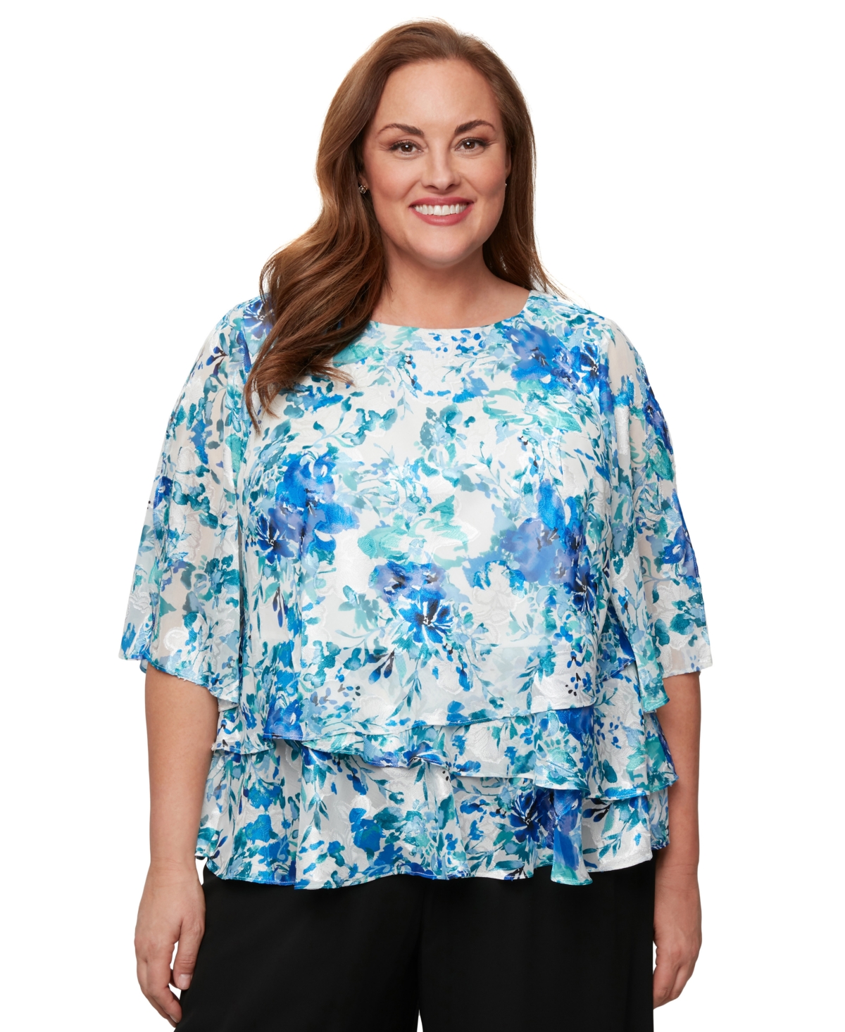 Plus Size Printed Chiffon 3/4-Sleeve Blouse - Ivory Mult