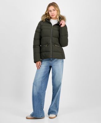 Juniors' Faux-Fur Hooded Puffer Coat