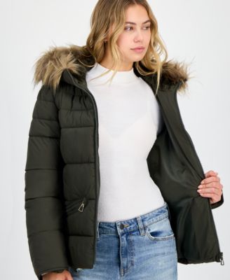 Juniors' Faux-Fur Hooded Puffer Coat