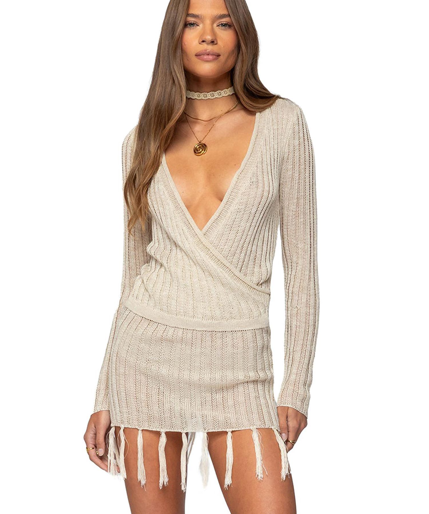 Women's Tassel Knit Wrap Mini Dress