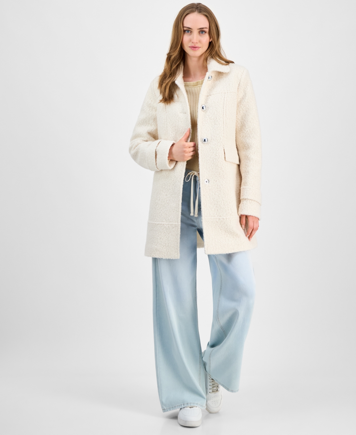 Maralyn & Me Juniors' Button-front Boucle Coat In Neutral