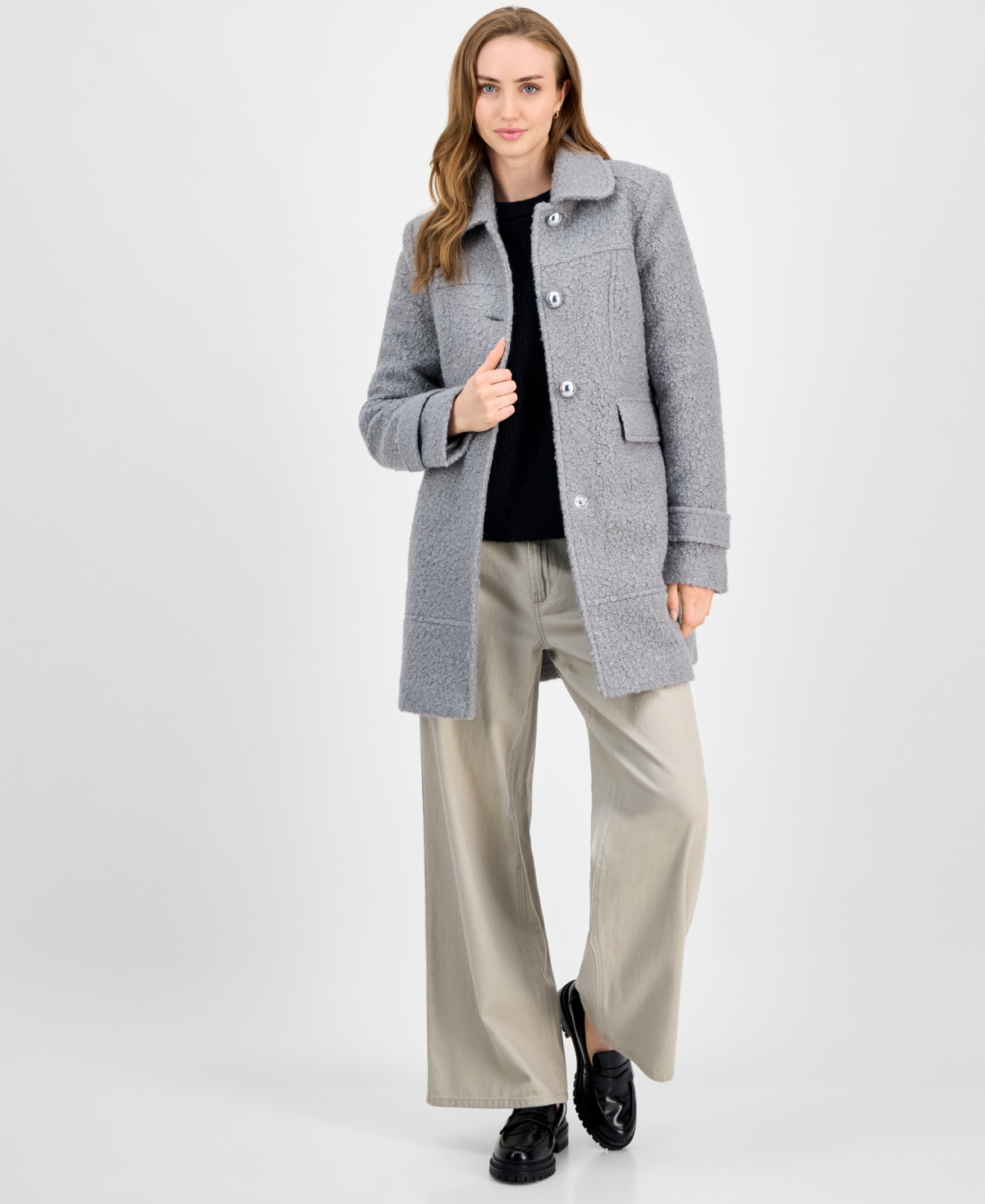 Maralyn & Me Juniors' Button-front Boucle Coat In Gray