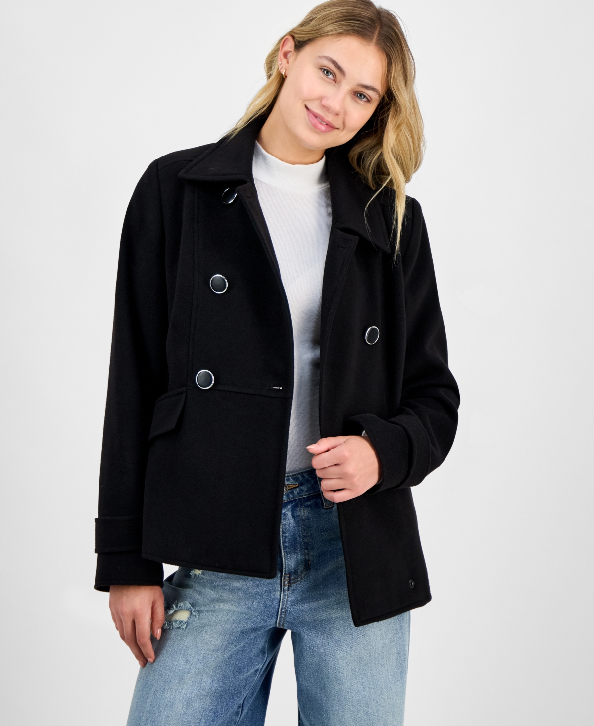 Maralyn & Me Juniors' Double-breasted Collared Coat In Black
