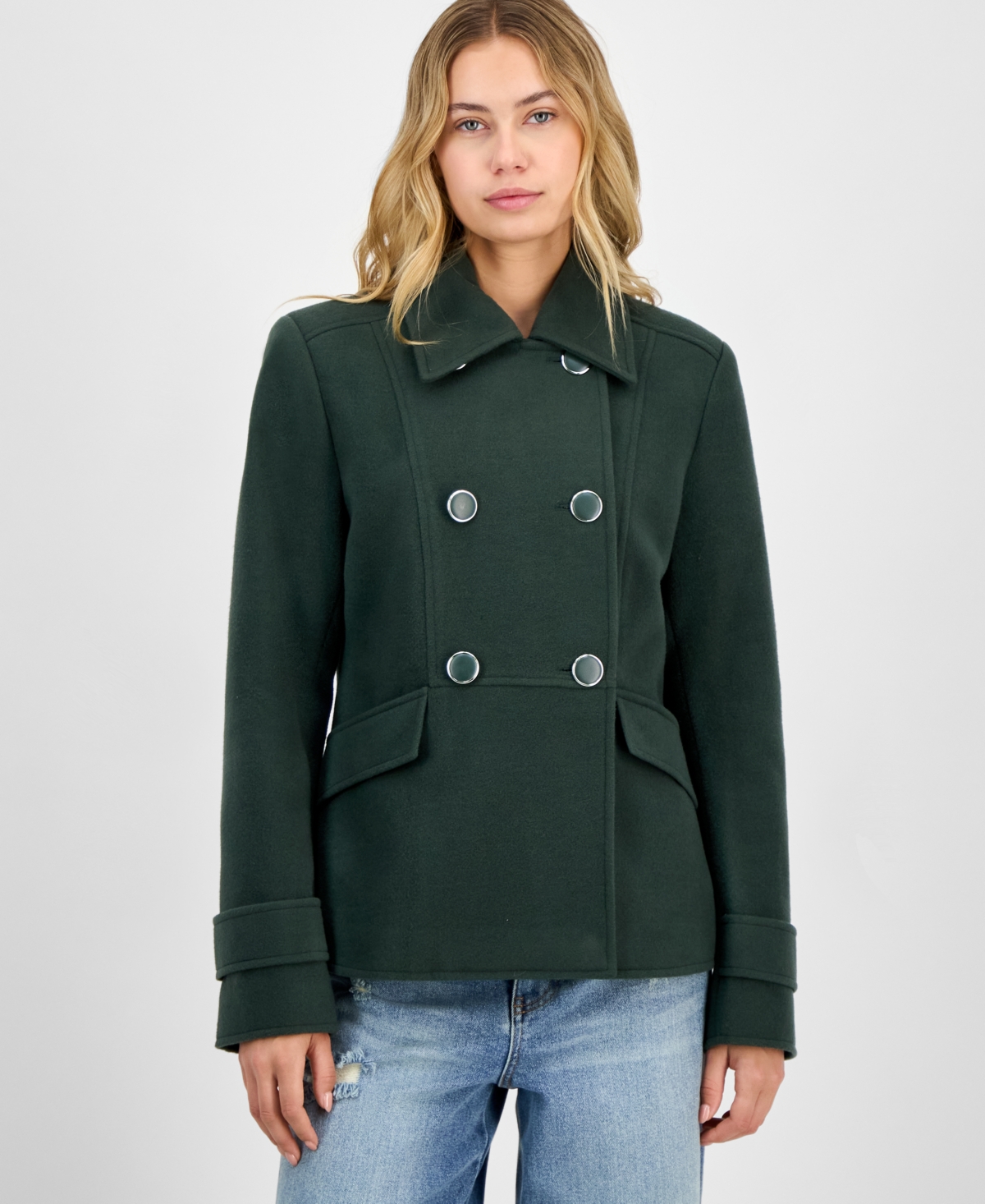Maralyn & Me Juniors' Double-breasted Collared Coat In Green