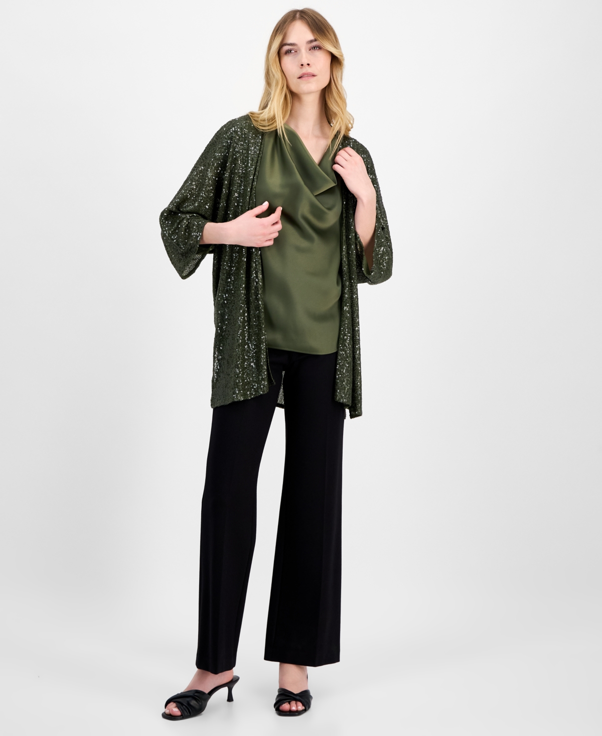 Anne Klein Women's Sequined Open-front Mesh Kimono Cardigan