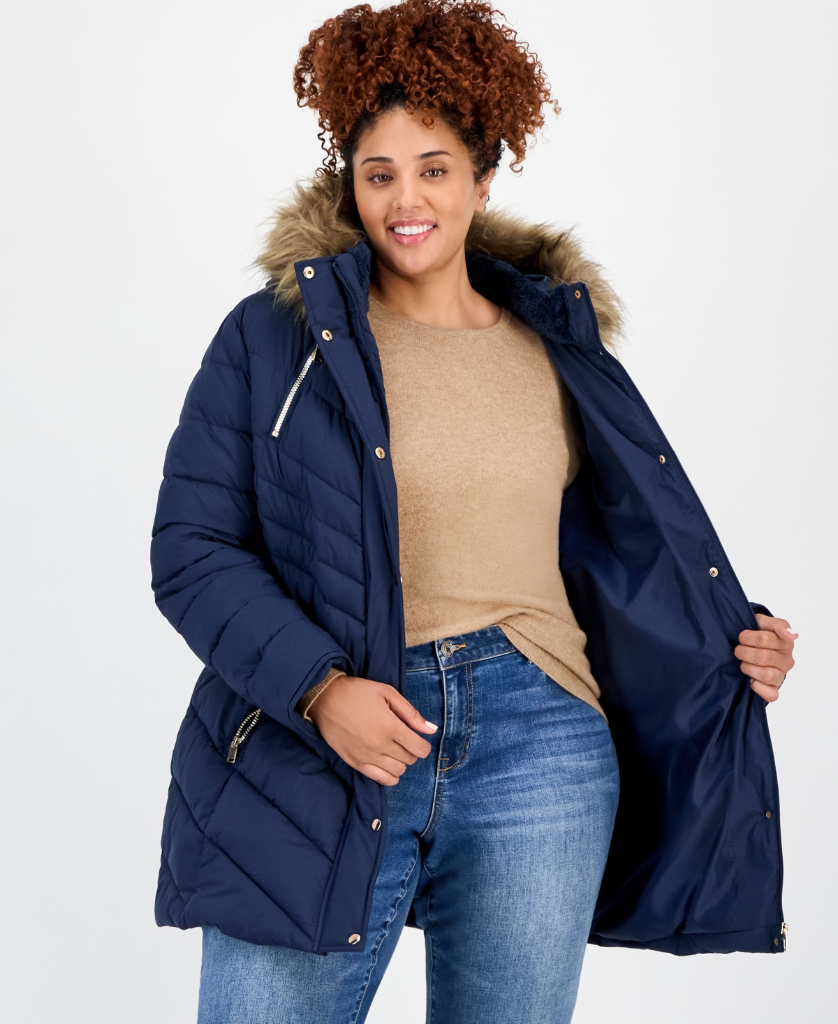 Maralyn & Me Juniors' Faux-fur Hooded Puffer Coat In Blue
