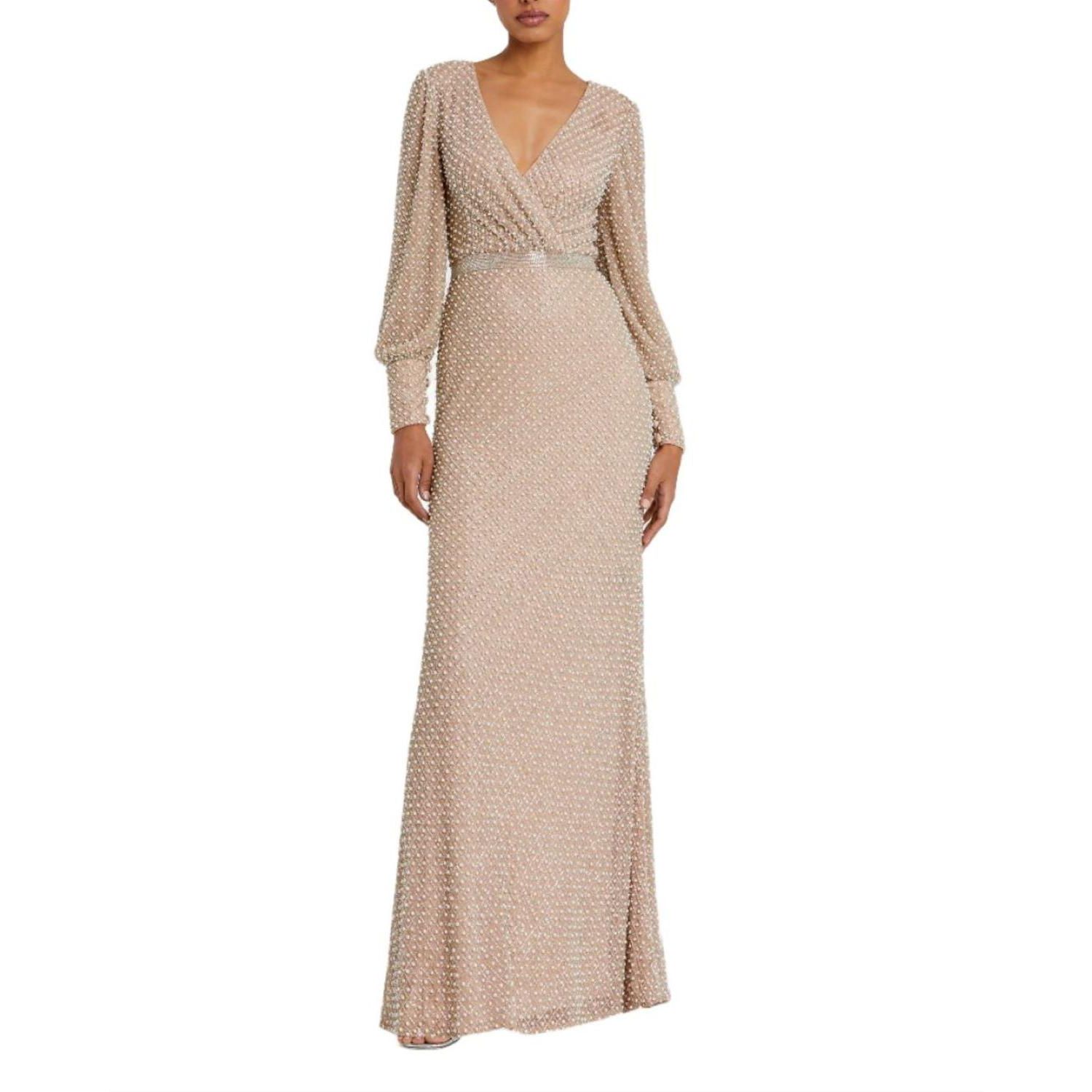 Women's Wrap Over Bishop Sleeve Gown With Pearl Beading