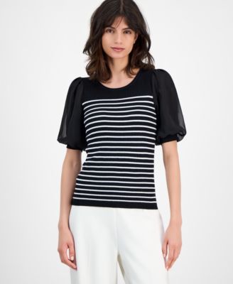 T Tahari - Women's Striped Puffed-Sleeve Ribbed Top