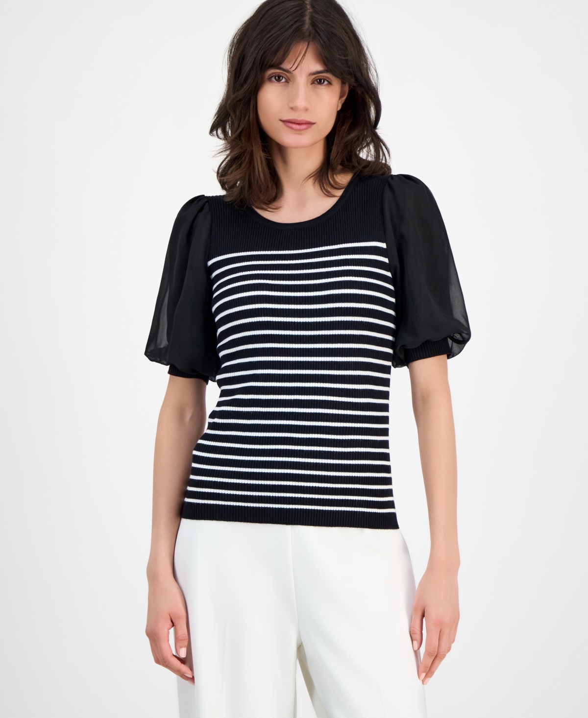 T Tahari Women's Striped Puffed-sleeve Ribbed Top