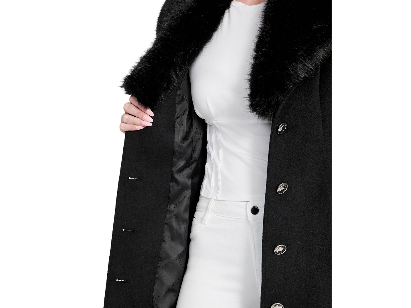 Женское пальто GUESS Belted Faux-Fur-Collar Button-Front Coat, Created for Macy's, цвет: Чёрный — фото 4
