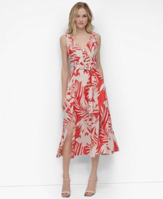 【DKNY】アブストラクトプリント ベルト付き ミディドレス DKNY Women's Printed V-neck Belted Sleeveless Dress - Macy's