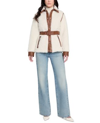 GUESS - Women's Belted Faux-Shearling Coat