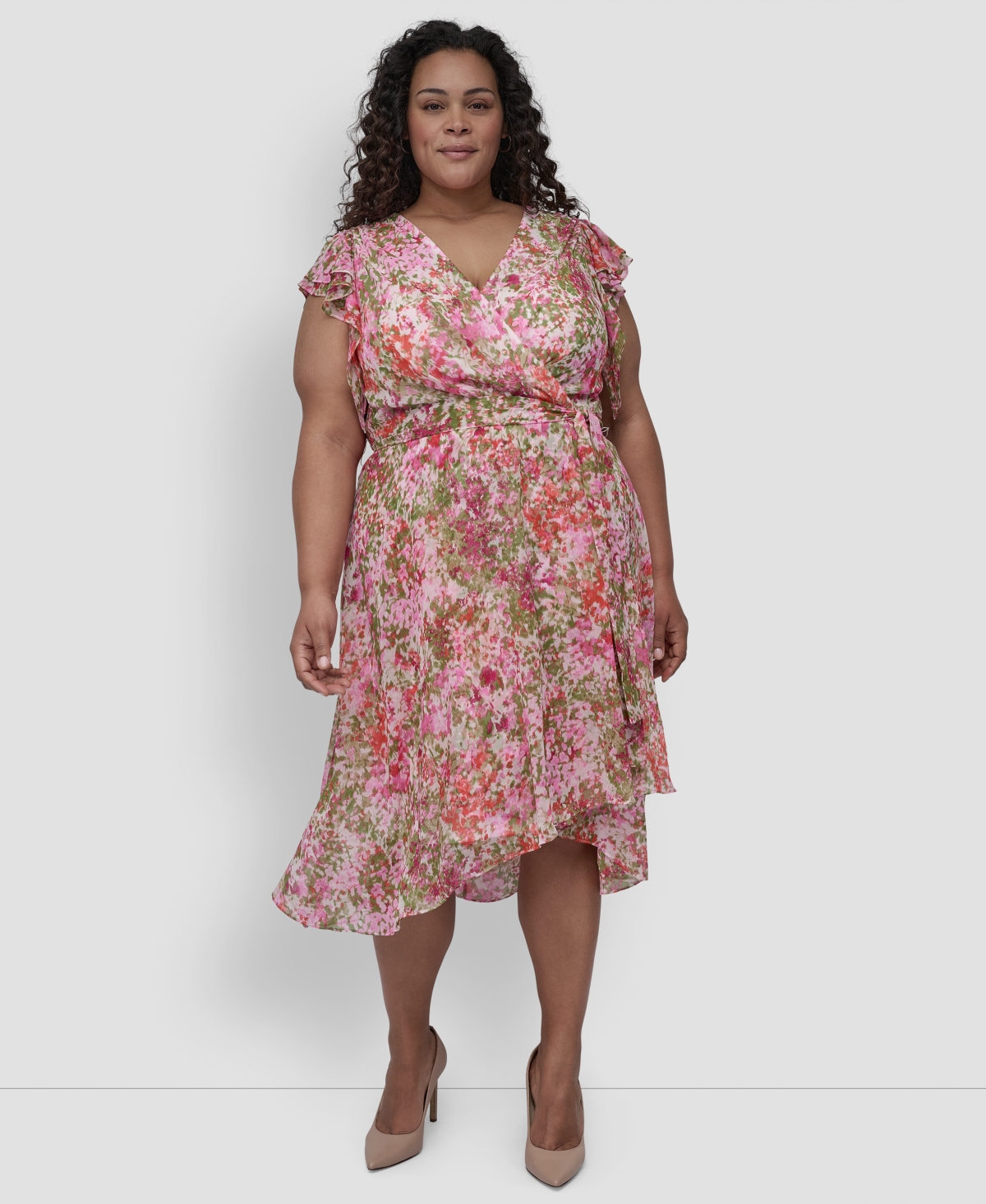 Shop Dkny Plus Size Flutter-sleeve Belted High-low Dress