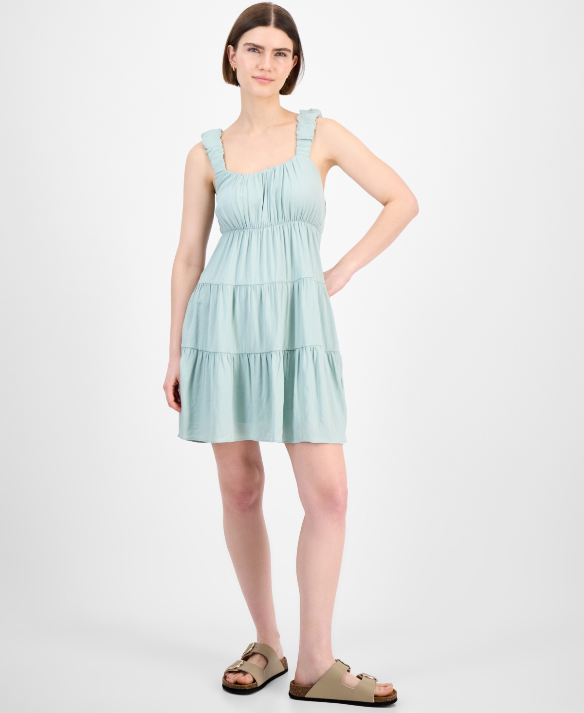 Juniors' Bubble-Strap Tiered Mini Dress - Sea Glass