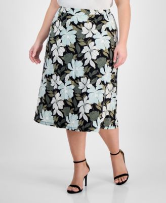Plus Size Floral-Print Pull-On Midi Skirt 