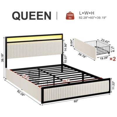 Queen Size Velvet Upholstered Bed Frame with LED Headboard, 2 Drawers, Charging Station