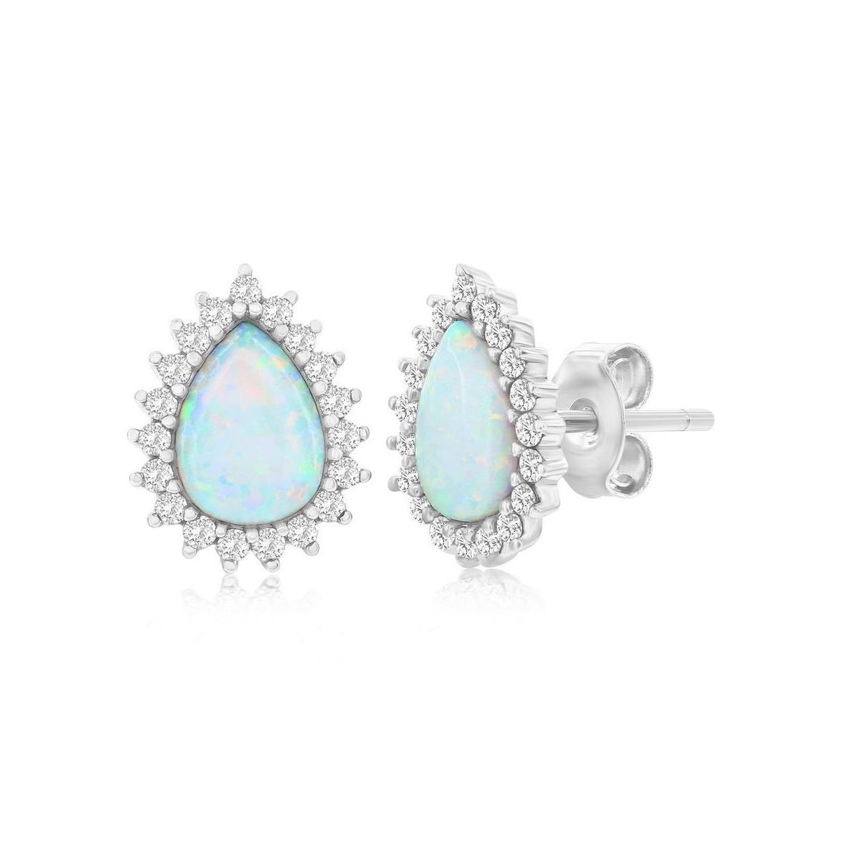 Sterling Silver White Synthetic Opal Pear-shaped, Cz Border Earrings - White