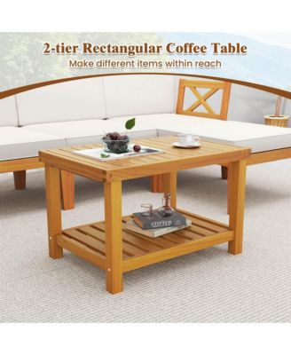 5 PCS Acacia Wood Patio Furniture Set with 2-Tier Coffee Table and Cushions